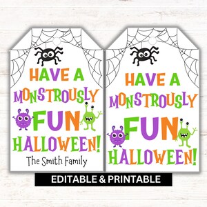 Printable Halloween Gift Tags, Monstrously Fun Halloween, Editable Canva Template & PDF, Instant Download, Trick or Treat Tags
