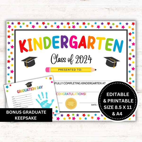 Editable Kindergarten Graduation Certificate, Kindergarten Graduation Diploma - Printable - 8.5 x 11 and A4