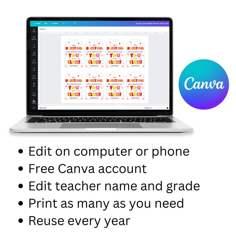 Editable Canva template displayed on laptop for printable teacher gift tags.