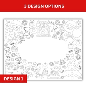 May include: Black and white coloring page featuring a Christmas scene with Santa Claus, reindeer, a fireplace, Christmas trees, and other festive elements. The page is titled "Design 1".