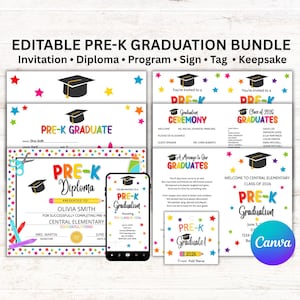Editable Pre-K Graduation Bundle: Invitation, Diploma, Program (Canva Template - PDF)