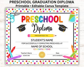 Preschool Diploma Printable & Editable Canva Template, Preschool Graduation Certificate, 8.5x11 A4 Instant Download