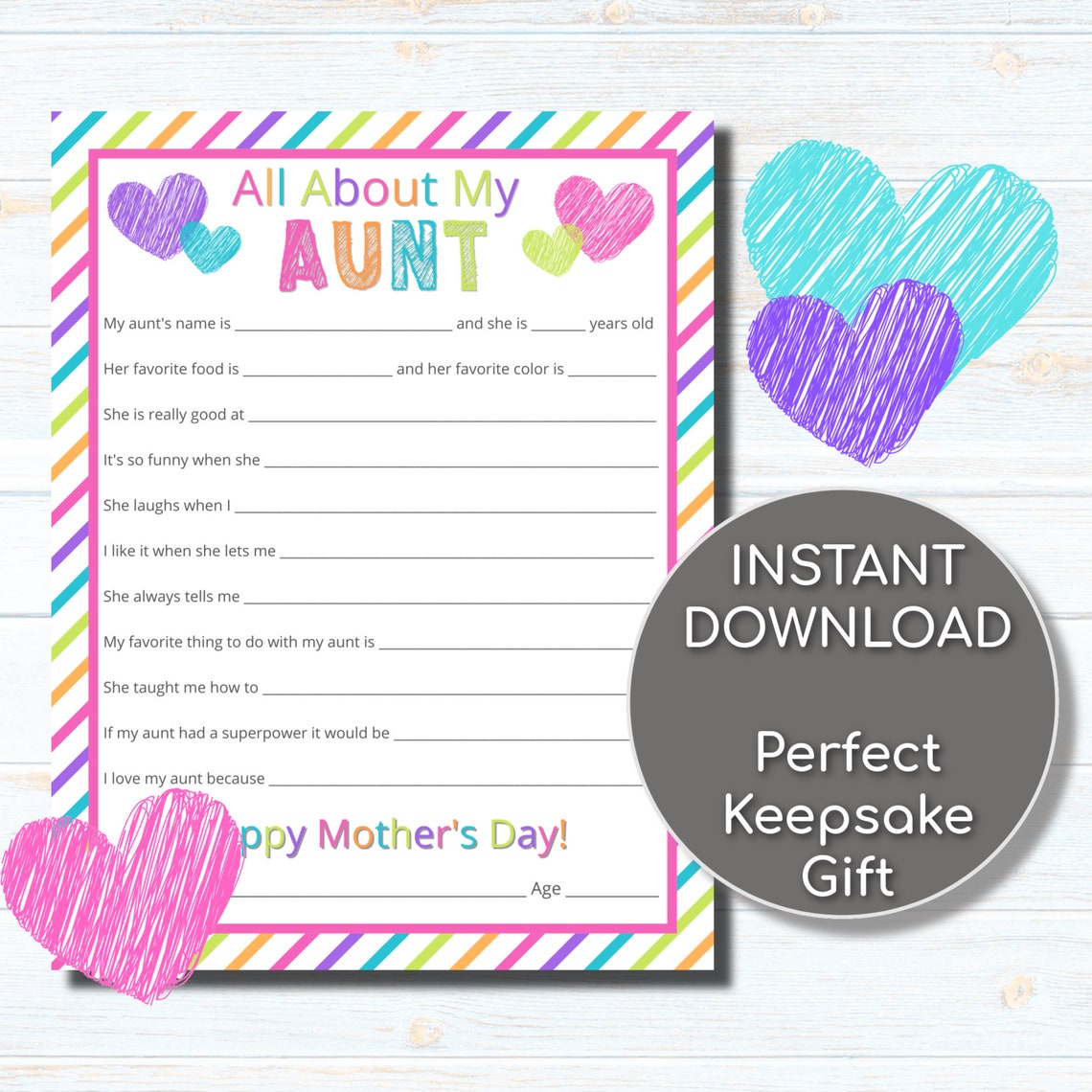All About My Aunt Printable Mother s Day Gift For Aunt Etsy