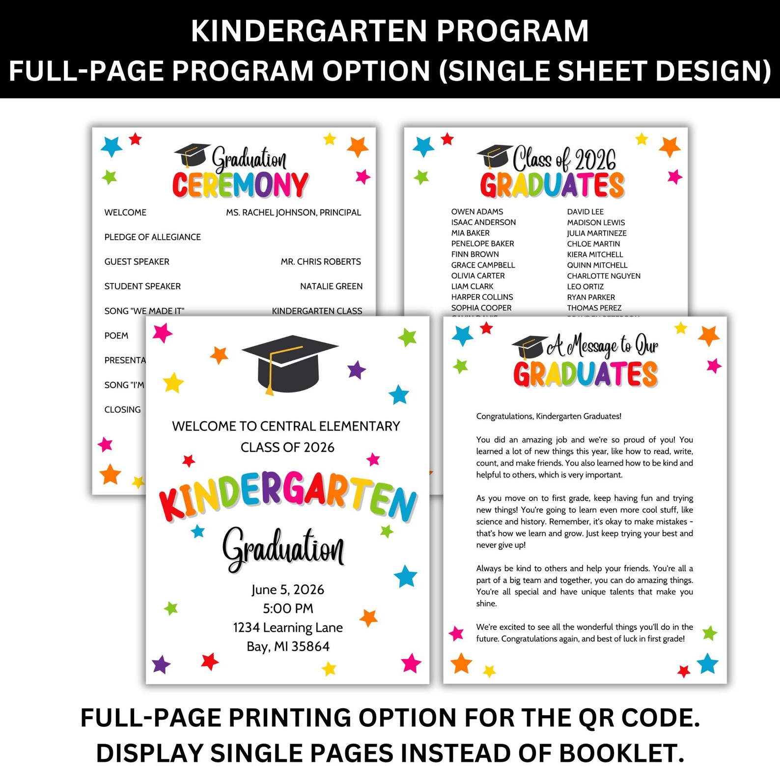 Editable Kindergarten Graduation Program Template Canva QR Code Sign ...