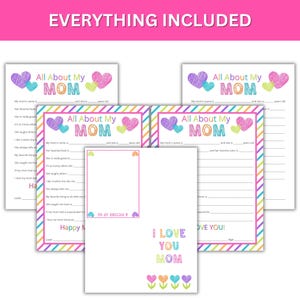 Puede incluir: Tarjetas y actividades imprimibles para el D&iacute;a de la Madre con corazones coloridos y el texto "Todo sobre mi mam&aacute;" y "Te amo mam&aacute;".