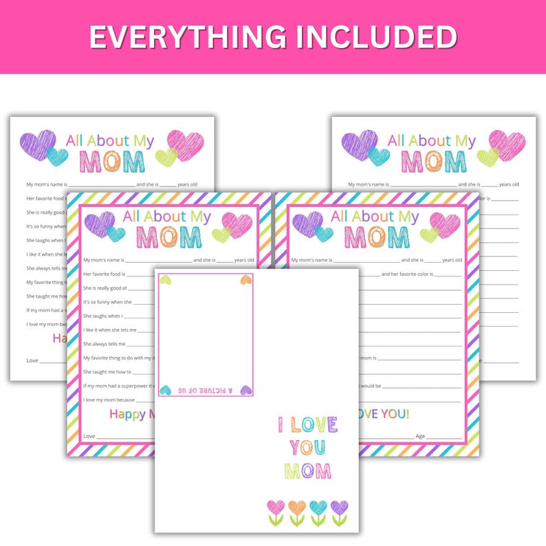 Puede incluir: Tarjetas y actividades imprimibles para el D&iacute;a de la Madre con corazones coloridos y el texto "Todo sobre mi mam&aacute;" y "Te amo mam&aacute;".