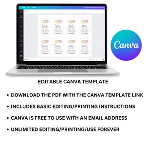 May include: Editable Canva template for printable summer-themed gift tags. The tags feature a colorful design with balloons and the text "I hope you have a sweet summer!"  Download the PDF to access the Canva template link.