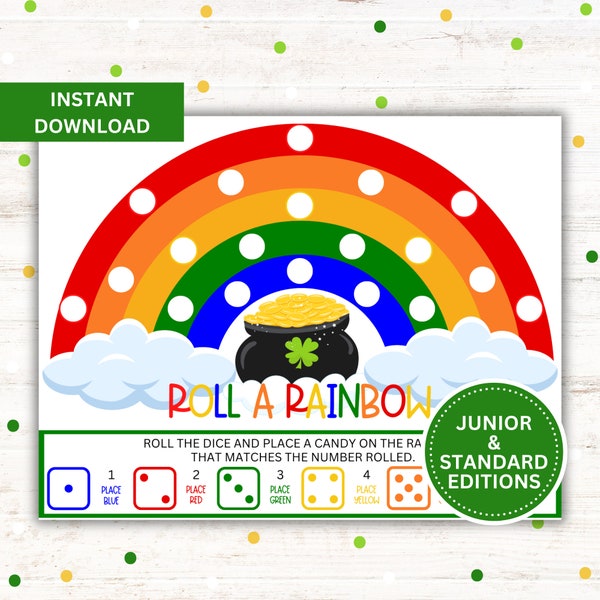 St. Patrick's Day Game - Roll A Rainbow Addition Dice Game Printable - Instant Download