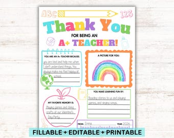 A+ Teacher Thank You Printable Fill In Gift, Editable Canva