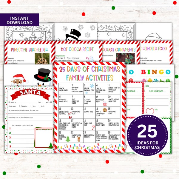 Printable 25 Days of Family Christmas Activities Kit - Advent Calendar, Editable Canva Calendar - Instant Download