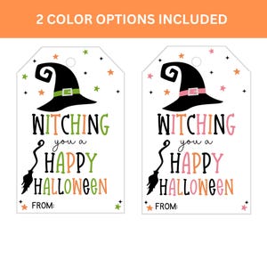 Two printable Witching You a Happy Halloween tag color options featuring pink and orange accents or green and orange accents.