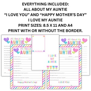 Mother's Day Gift for Aunt, All About My Auntie Printable, Instant ...