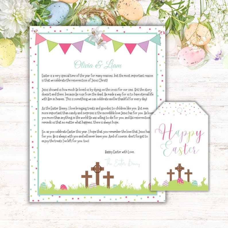 Printable Christian Easter Bunny letter focusing on Jesus’s resurrection with a coordinating gift tag. Instant download PDF and editable Canva template. Print sizes 8.5x11, A4, gift tag 2.2x3.5, 3x4.7.