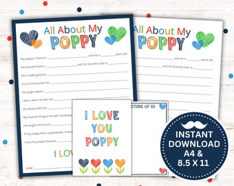 Op de afbeelding: Twee printbare "Alles over mijn Papa" kaarten om in te vullen met een afbeelding van een hart met bloemen en de tekst "Ik hou van je Papa". De kaarten zijn voor Vaderdag of een verjaardag.  De kaarten zijn in blauw, rood, groen en geel. De tekst "Direct downloaden A4 & 8,5 x 11" staat in een cirkel met een blauwe achtergrond en een witte snor.