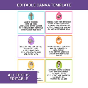 May include: A printable Easter egg hunt game with colourful illustrations of eggs and biblical scenes. The game includes text with clues about the Easter story. The text is editable, allowing you to customise the game for your own use.