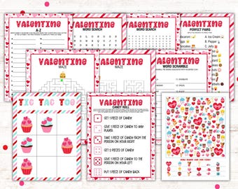May include: A set of printable Valentine's Day games for kids. The games include a word search, a maze, a tic-tac-toe game, a candy roll game, a word scramble, and a 'how many can you find' game. The games are decorated with hearts, cupcakes, and other Valentine's Day themes.