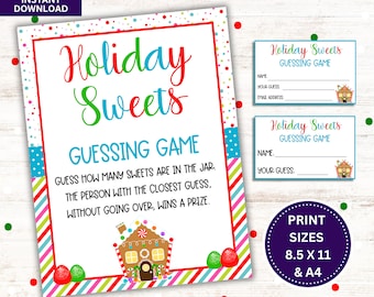 Holiday Candy Game, Printable Christmas Games, Guess How Many Candies for Christmas Parties, Classroom, Showers