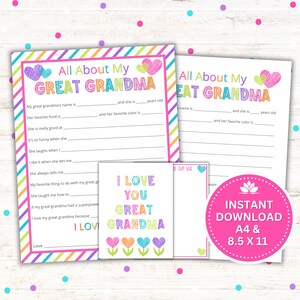 Presente de Dia das Mães - Tudo sobre minha bisavó para impressão, cartão de Dia dos Avós, download instantâneo