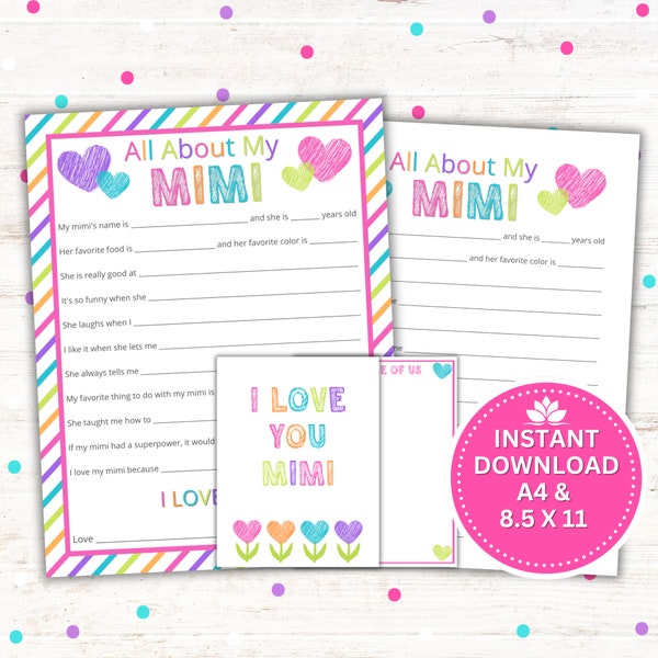 Mother's Day Gift for Grandma, All About My Mimi Printable, Instant Download PDF and JPG, 8.5 x 11 and A4 Sizes