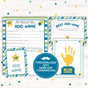 Paquete imprimible personalizado para el Día del Padre: todo sobre papá, certificado de mejor papá, tarjeta, artesanía con huellas de manos