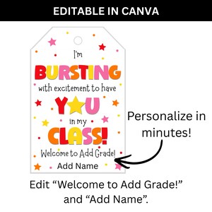 Editable Canva back to school teacher tag showing customizable teacher name and grade.