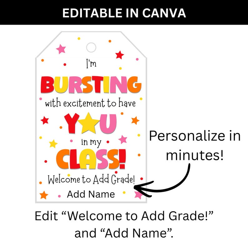 Editable Canva back to school teacher tag showing customizable teacher name and grade.