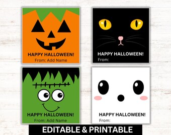 Printable Halloween Gift Tags, 4 Designs (PDF & Canva Template)