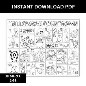 Halloween advent-style calendar to color each day from October 1st to 31st, fun for kids and families.