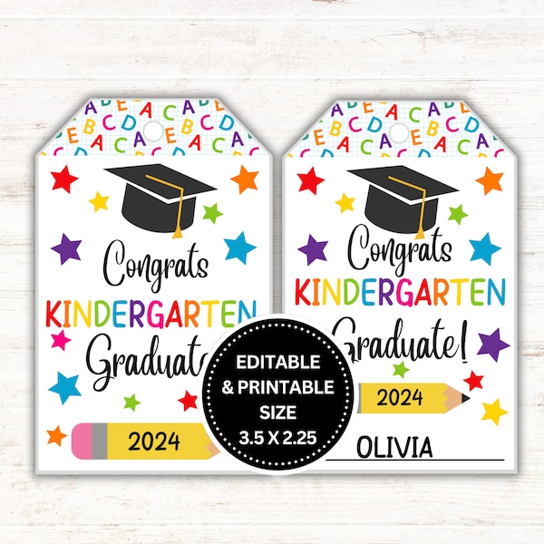 Editable Kindergarten Graduation Gift Tag, End of the Year Gift Tags, Graduation Favors, Personalized Graduation Tags