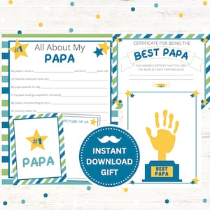 All About My Papa Printable - Father's Day Gift - Instant Download PDF - Best Papa Certificate, Trophy Handprint Art, #1 Papa Card