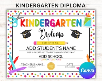 Editable Kindergarten Diploma, Printable Graduation Keepsake (Instant Download)