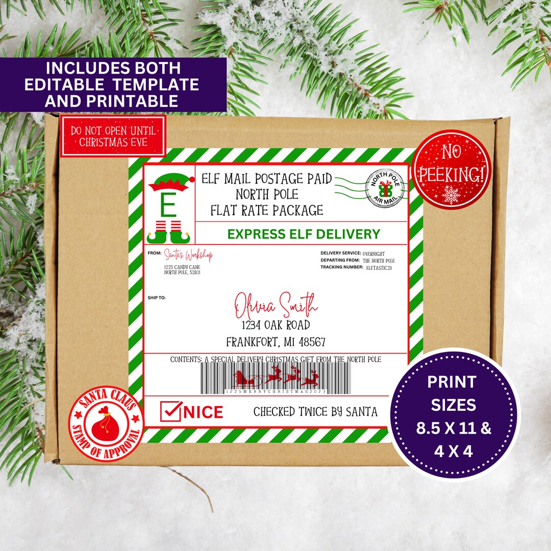 Elf Mail Printable Christmas Elf Label Editable Instant Download Elf Mail Printable Christmas Elf Label Editable Instant Download