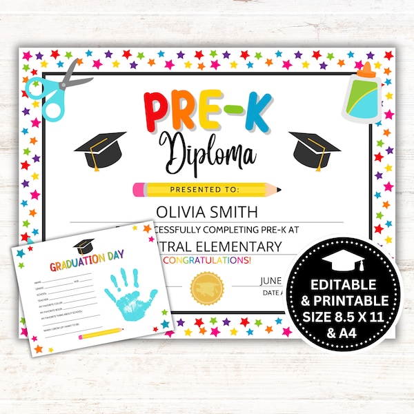 Pre-K Certificate, Editable Pre-K Diploma, Graduation, Last Day of Pre-K, Digital Download