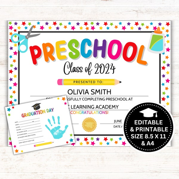 Editable Preschool Graduation Certificate, Preschool Graduation, Last Day of Preschool, Preschool Graduate Diploma