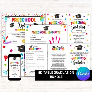 Abschlussfeier im Vorschulalter, Abschlusseinladung, Abschlussprogramm, bearbeitbare Abschlussvorlagen für die Vorschule, Canva-Vorlage, PDF
