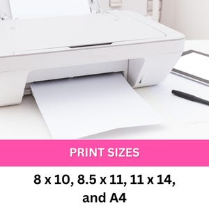 May include: A white printer with a sheet of paper feeding through it. The text on the image reads "PRINT SIZES 8 x 10, 8.5 x 11, 11 x 14, and A4".