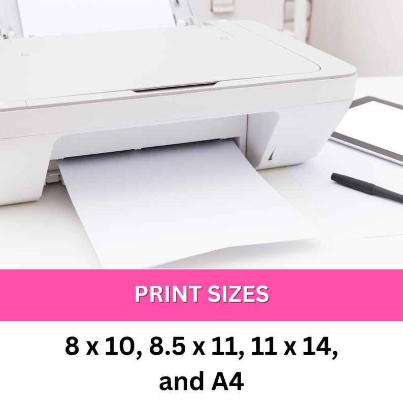 May include: A white printer with a sheet of paper feeding through it. The text on the image reads "PRINT SIZES 8 x 10, 8.5 x 11, 11 x 14, and A4".