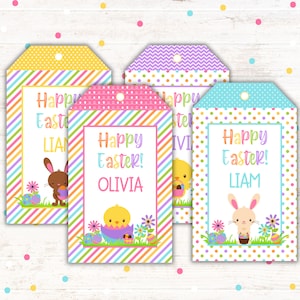 Etiquetas para presentes de cesta de Páscoa - Etiqueta de coelhinho da Páscoa - imprimíveis e editáveis - tamanhos 4 x 7 e 3 x 5 - 4 designs