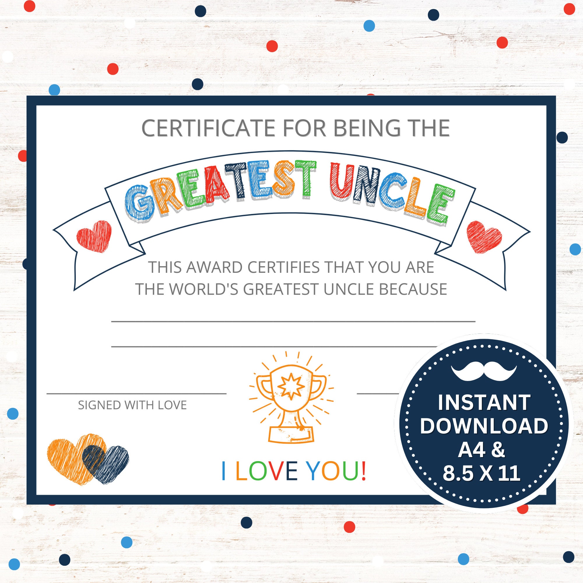 Printable Greatest Uncle Certificate - Instant Download PDF - Father's Day Gift - Birthday Gift for Uncle