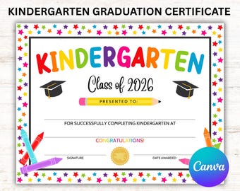 Kindergarten Graduation Certificate Editable, Class of 2026 Graduation Award, Canva Template PDF