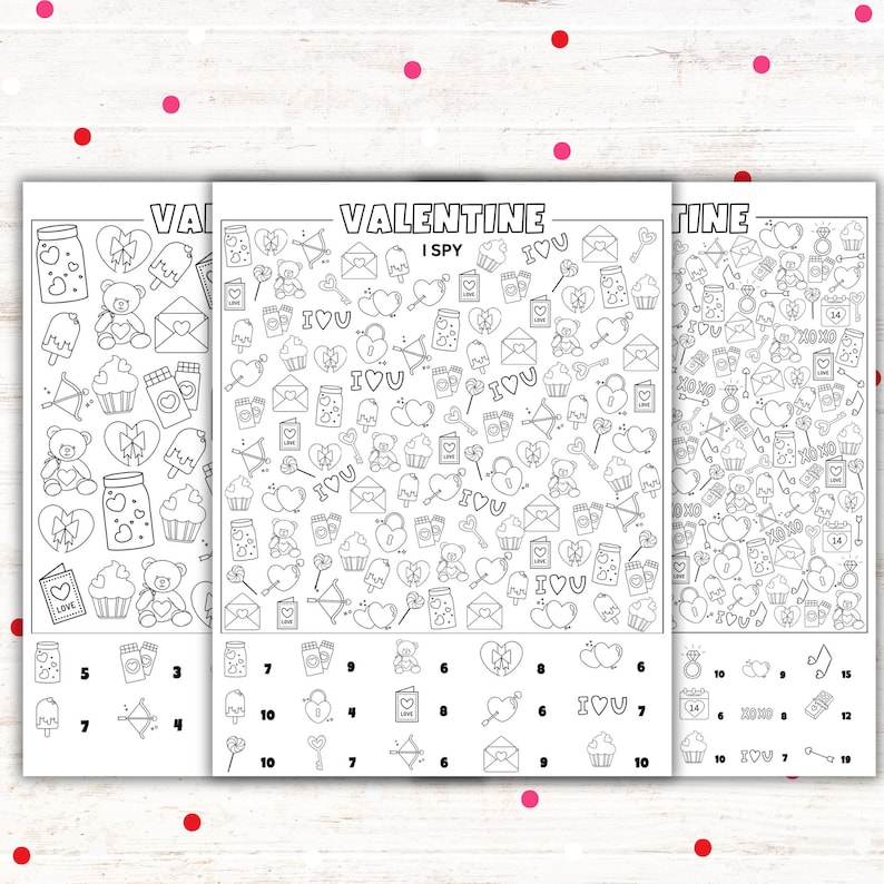 Valentine I Spy printable game, fun Valentine activity for kids, 3 levels of difficulty, junior, standard, advanced, Valentine’s Day activity PDF, classroom or homeschool use.