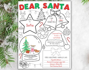 May include: A Dear Santa letter template for children featuring black and white line art of Christmas icons like a tree, bells, and a wreath. The page includes fill-in-the-blank sections for a name, age, grade, accomplishments, and a gift wish list.