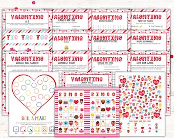 May include: A set of printable Valentine's Day games for kids. The games include a word search, connect four, a maze, a crossword puzzle, a riddle, a dot box game, a tic-tac-toe game, a would you rather game, a candy match game, a roll a heart game, a perfect pairs game, a word scramble game, and a bingo game. The games are all themed around Valentine's Day and feature hearts, candy, and other Valentine's Day symbols.