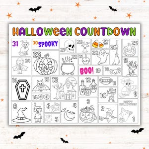 Printable Halloween coloring countdown calendar for kids with 31 days of spooky images to color.
