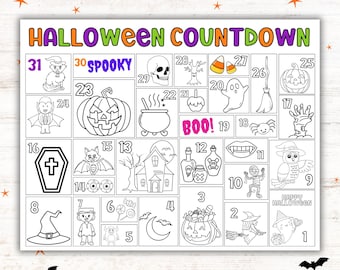 Pagina da colorare per il conto alla rovescia di Halloween: calendario dell'avvento stampabile (download PDF)