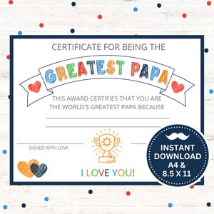 Printable Greatest Papa Certificate - Instant Download PDF - Father's Day Gift - Grandparents Day