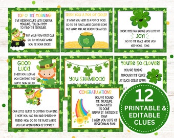 Chasse au trésor de la Saint-Patrick - Imprimable et modifiable avec 12 indices d'intérieur, Leprechaun amusant