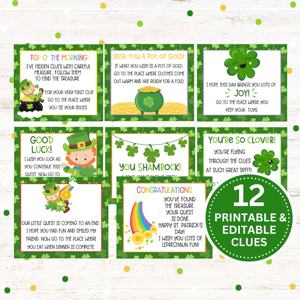 St. Patrick's Day Scavenger Hunt - Printable and Editable with 12 Indoor Clues, Leprechaun Fun