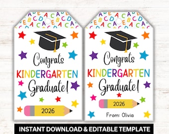 Editable Kindergarten Graduation Gift Tags, Printable Favor Tags (PDF)