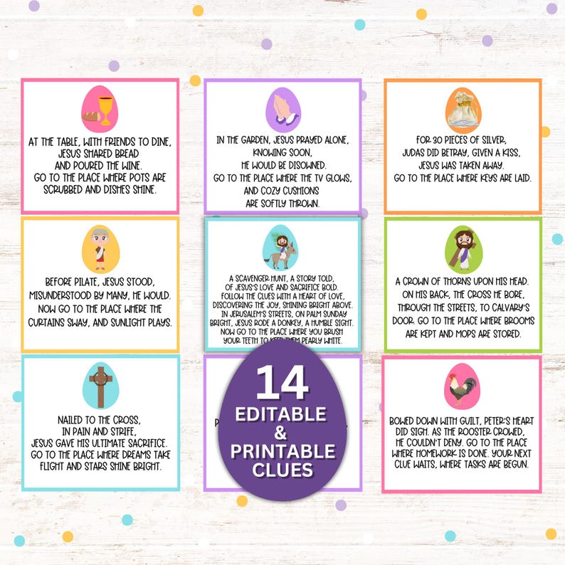 Printable and editable Easter Story Scavenger Hunt. 14 clue cards with rhymes and riddles guiding kids through the story of Easter. Instant download PDF and Canva template.